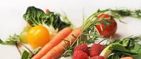 owoce i warzywa: marchew, pomidory, maliny, jarmóż