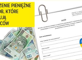 Banknoty i formularz wniosku. Napis: Świadczenie pieniężne za zapewnienie zakwaterowania i wyżywienia obywatelom Ukrainy