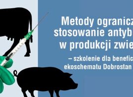 Ręka w rękawiczce trzyma strzykawkę. Napis "Zapraszamy na bezpłatne szkolenie wszystkich rolników realizujących interwencję dotyczącą dobrostanu zwierząt,